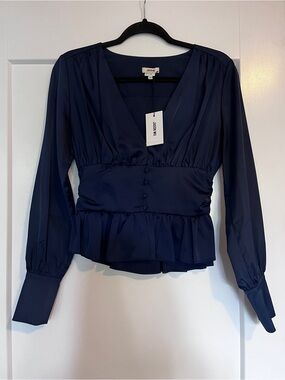 Jason Wu Navy Deep V Peplum Long-Sleeve Blouse